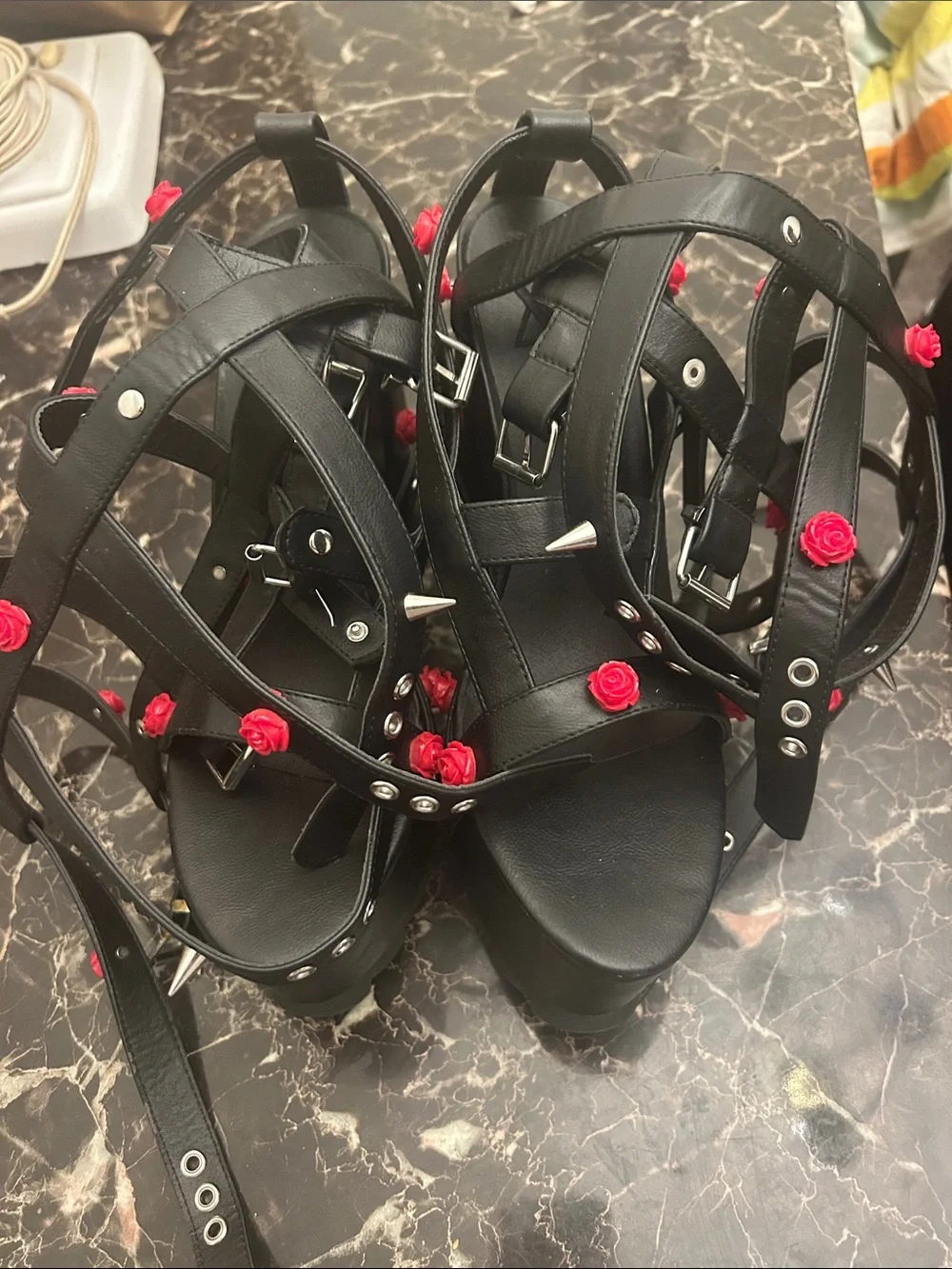 Black Gladiator Platform Sandals with Red Rose Accents